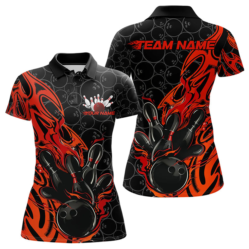 Custom Black And Red Tribal Flame Bowling Team Women Polo Shirts, Bowling Pattern Outfits IPHW8814