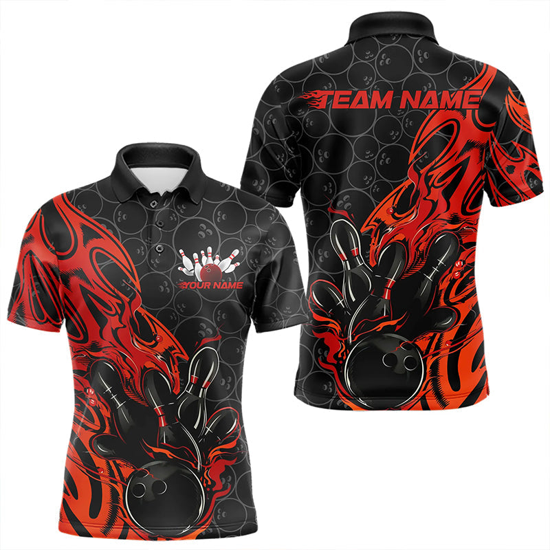 Custom Black And Red Tribal Flame Bowling Team Men Polo Shirts, Bowling Pattern Outfits IPHW8814
