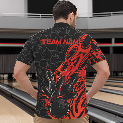 Custom Black And Red Tribal Flame Bowling Team Men Quarter-Zip Shirts, Bowling Pattern Outfits IPHW8814