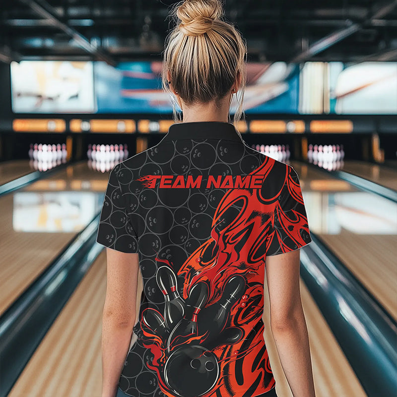 Custom Black And Red Tribal Flame Bowling Women Quarter-Zip Shirts, Bowling Pattern Outfits IPHW8814