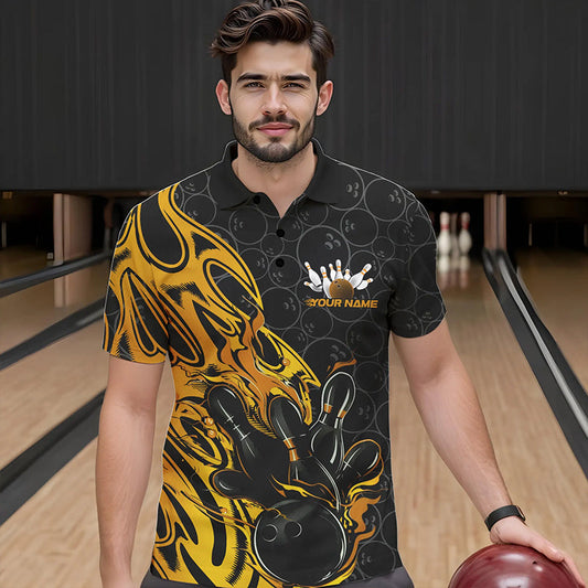 Custom Black And Yellow Tribal Flame Bowling Team Men Polo Shirts, Bowling Pattern Outfits IPHW8815