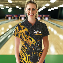 Load image into Gallery viewer, Custom Black And Yellow Tribal Flame Bowling Team Women Polo Shirt, Bowling Pattern Outfits IPHW8815