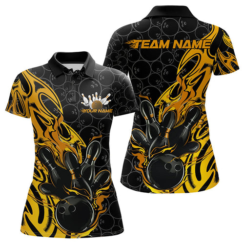 Custom Black And Yellow Tribal Flame Bowling Team Women Polo Shirt, Bowling Pattern Outfits IPHW8815