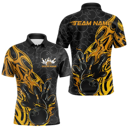 Custom Black And Yellow Tribal Flame Bowling Team Men Polo Shirts, Bowling Pattern Outfits IPHW8815
