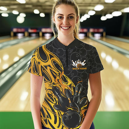 Custom Black And Yellow Tribal Flame Bowling Team Women Quarter-Zip Shirts, Bowlers Outfits IPHW8815