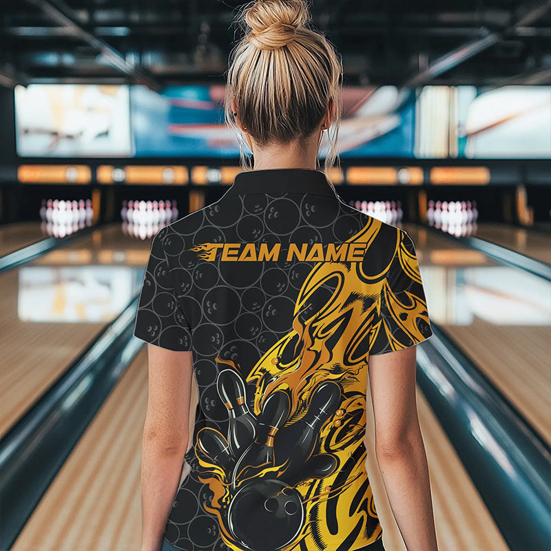 Custom Black And Yellow Tribal Flame Bowling Team Women Quarter-Zip Shirts, Bowlers Outfits IPHW8815