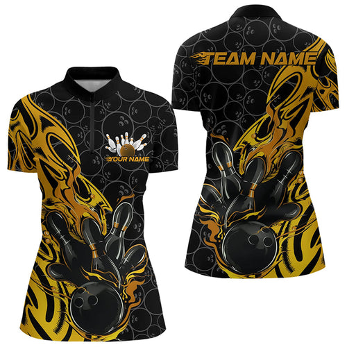 Custom Black And Yellow Tribal Flame Bowling Team Women Quarter-Zip Shirts, Bowlers Outfits IPHW8815