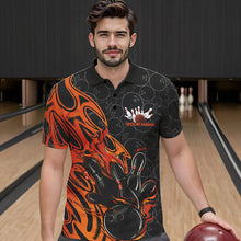 Load image into Gallery viewer, Custom Black And Orange Tribal Flame Bowling Team Men Polo Shirts, Bowling Pattern Outfits IPHW8816