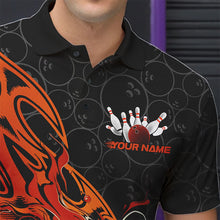 Load image into Gallery viewer, Custom Black And Orange Tribal Flame Bowling Team Men Polo Shirts, Bowling Pattern Outfits IPHW8816