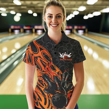 Load image into Gallery viewer, Custom Black And Orange Tribal Flame Bowling Team Women Polo Shirt, Bowling Pattern Outfits IPHW8816