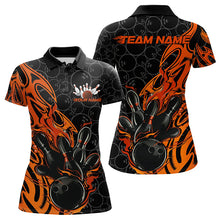 Load image into Gallery viewer, Custom Black And Orange Tribal Flame Bowling Team Women Polo Shirt, Bowling Pattern Outfits IPHW8816
