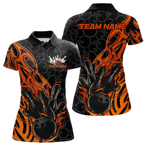 Custom Black And Orange Tribal Flame Bowling Team Women Polo Shirt, Bowling Pattern Outfits IPHW8816