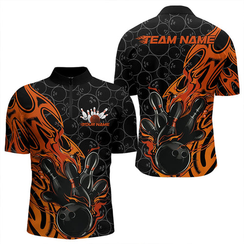 Custom Black And Orange Tribal Flame Bowling Team Men Quarter-Zip Shirts, Bowling Pattern Outfits IPHW8816