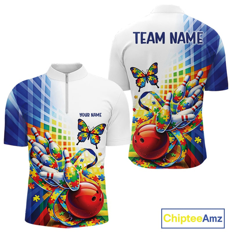 Front and back view of a men’s quarter-zip bowling shirt mockup featuring puzzle pattern bowling, butterfly motif, and swirling ribbon graphics in white and blue.
