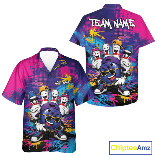 Custom short-sleeve button-up shirt shown from both front and back views. The shirts feature a vibrant, colorful bowling-themed graphic with cartoon bowling pins and a bowling ball wearing sunglasses, set against a pink, purple, and blue splatter background.