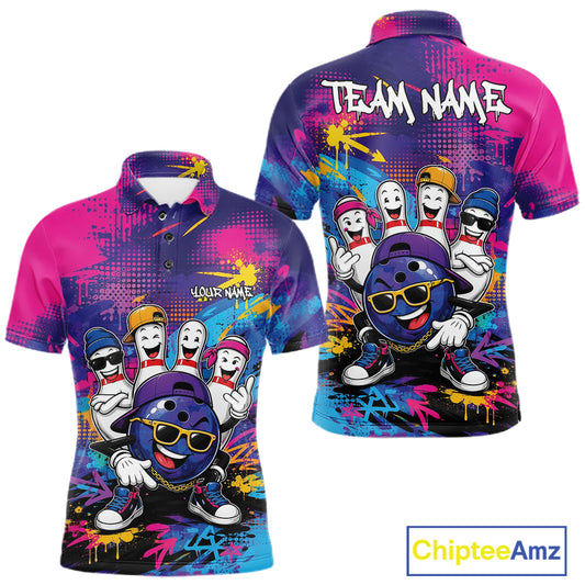 A custom short-sleeve polo shirt shown from both front and back, featuring a colorful bowling-themed graphic print with cartoon bowling pins, a blue bowling ball, and spray-paint splatters. 