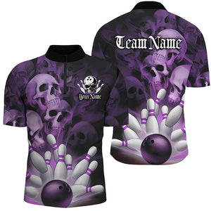 Black And Purple Custom Skull Bowling Shirts For Men, Gothic Bowling Team Shirt Halloween Outfits IPHW7672