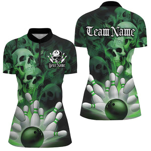 Black And Green Custom Skull Ladies Bowling Shirts, Gothic Bowling Team Halloween Outfits IPHW7673