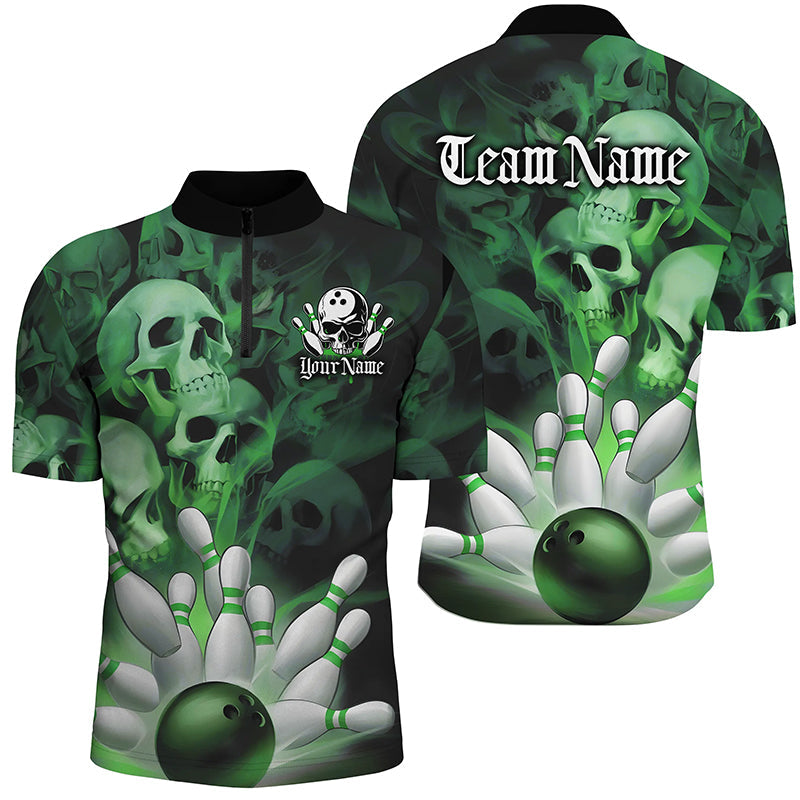 Black And Green Custom Skull Bowling Shirts For Men, Gothic Bowling Team Shirt Halloween Outfits IPHW7673