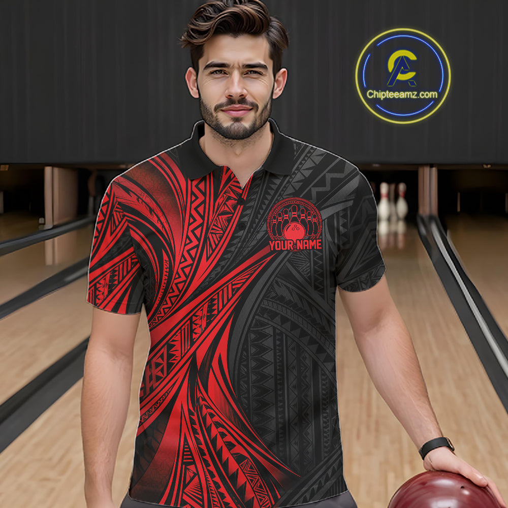 Custom Black And Red Tribal Pattern Bowling Team Men Polo Shirt, Bowling League Shirt IPHW12475