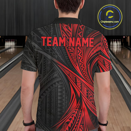 Custom Black And Red Tribal Pattern Bowling Team Men Polo Shirt, Bowling League Shirt IPHW12475