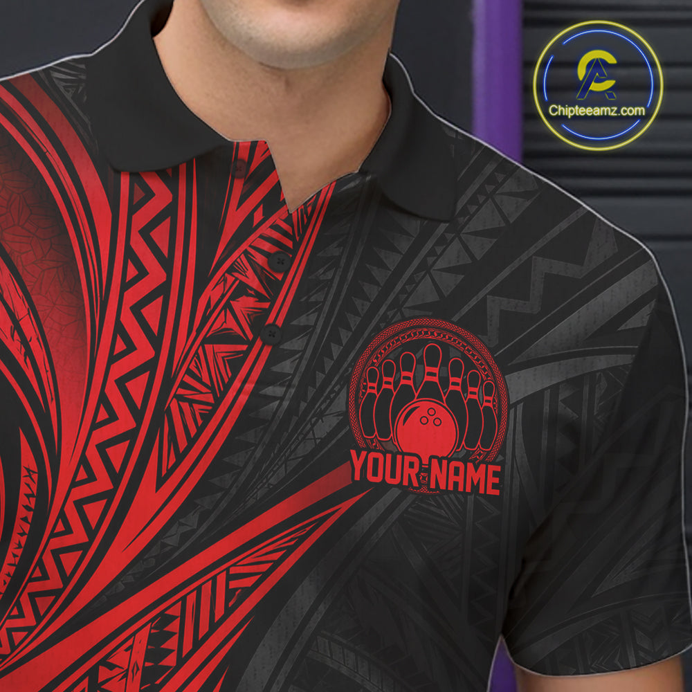Custom Black And Red Tribal Pattern Bowling Team Men Polo Shirt, Bowling League Shirt IPHW12475