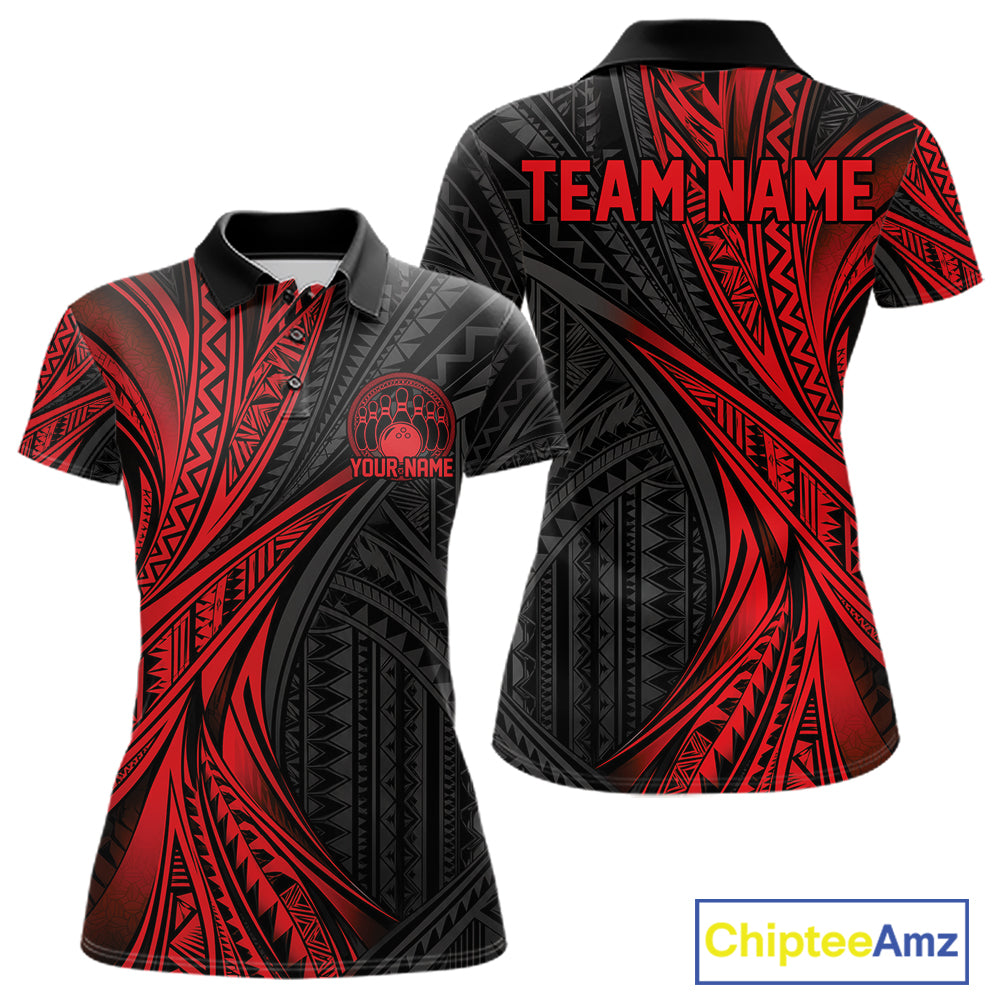 Custom Black And Red Tribal Pattern Bowling Team Women Polo Shirt, Bowling League Shirt IPHW12475