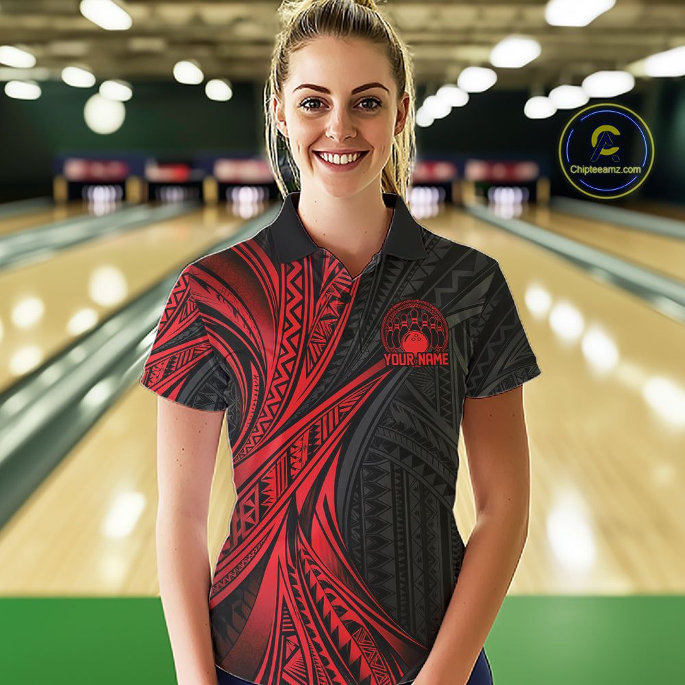 Custom Black And Red Tribal Pattern Bowling Team Women Polo Shirt, Bowling League Shirt IPHW12475
