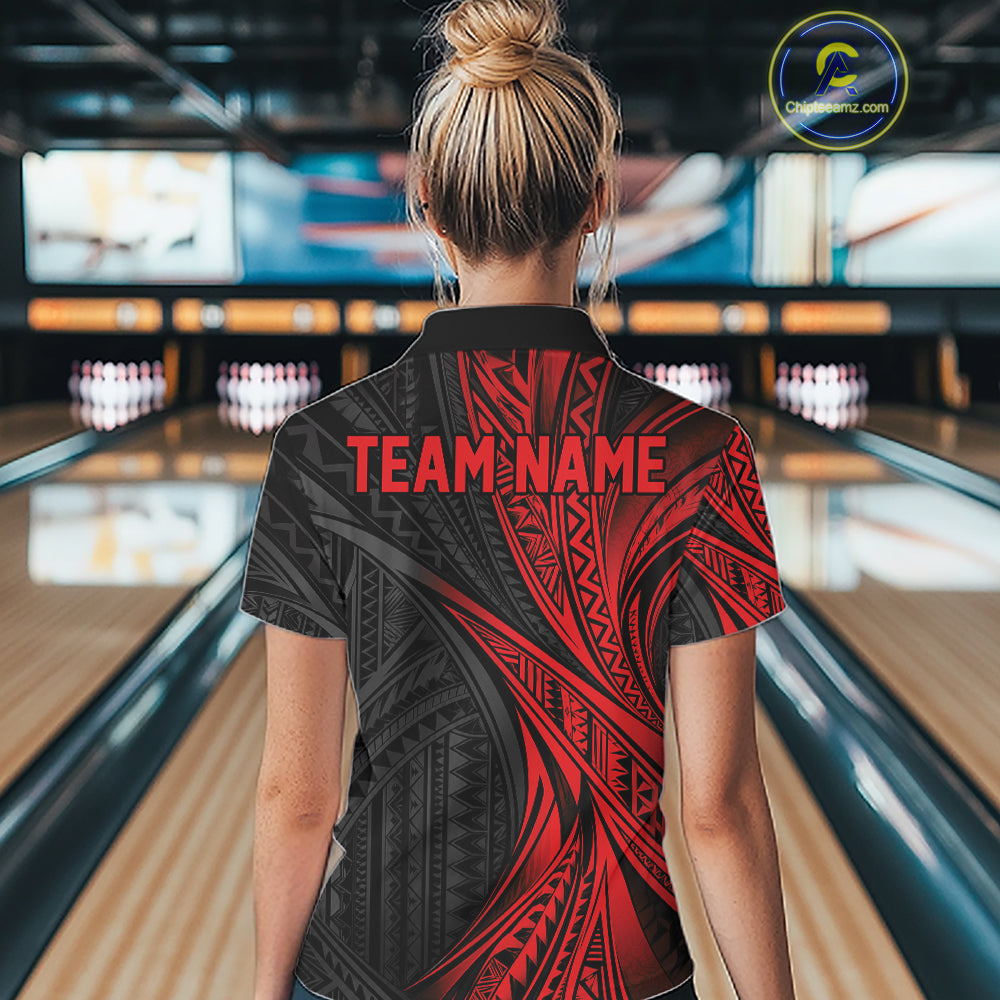 Custom Black And Red Tribal Pattern Bowling Team Women Polo Shirt, Bowling League Shirt IPHW12475