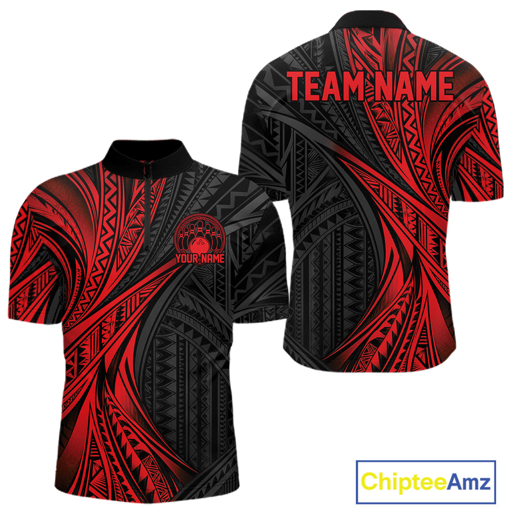 Custom Black And Red Tribal Pattern Bowling Team Men Quarter Zip Shirt, Bowling League Shirt IPHW12475