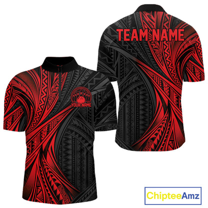 Custom Black And Red Tribal Pattern Bowling Team Men Quarter Zip Shirt, Bowling League Shirt IPHW12475