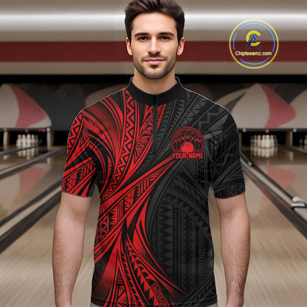 Custom Black And Red Tribal Pattern Bowling Team Men Quarter Zip Shirt, Bowling League Shirt IPHW12475