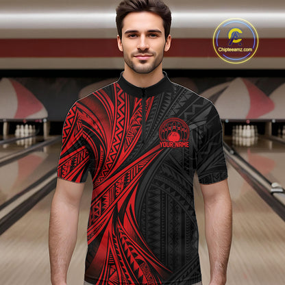 Custom Black And Red Tribal Pattern Bowling Team Men Quarter Zip Shirt, Bowling League Shirt IPHW12475