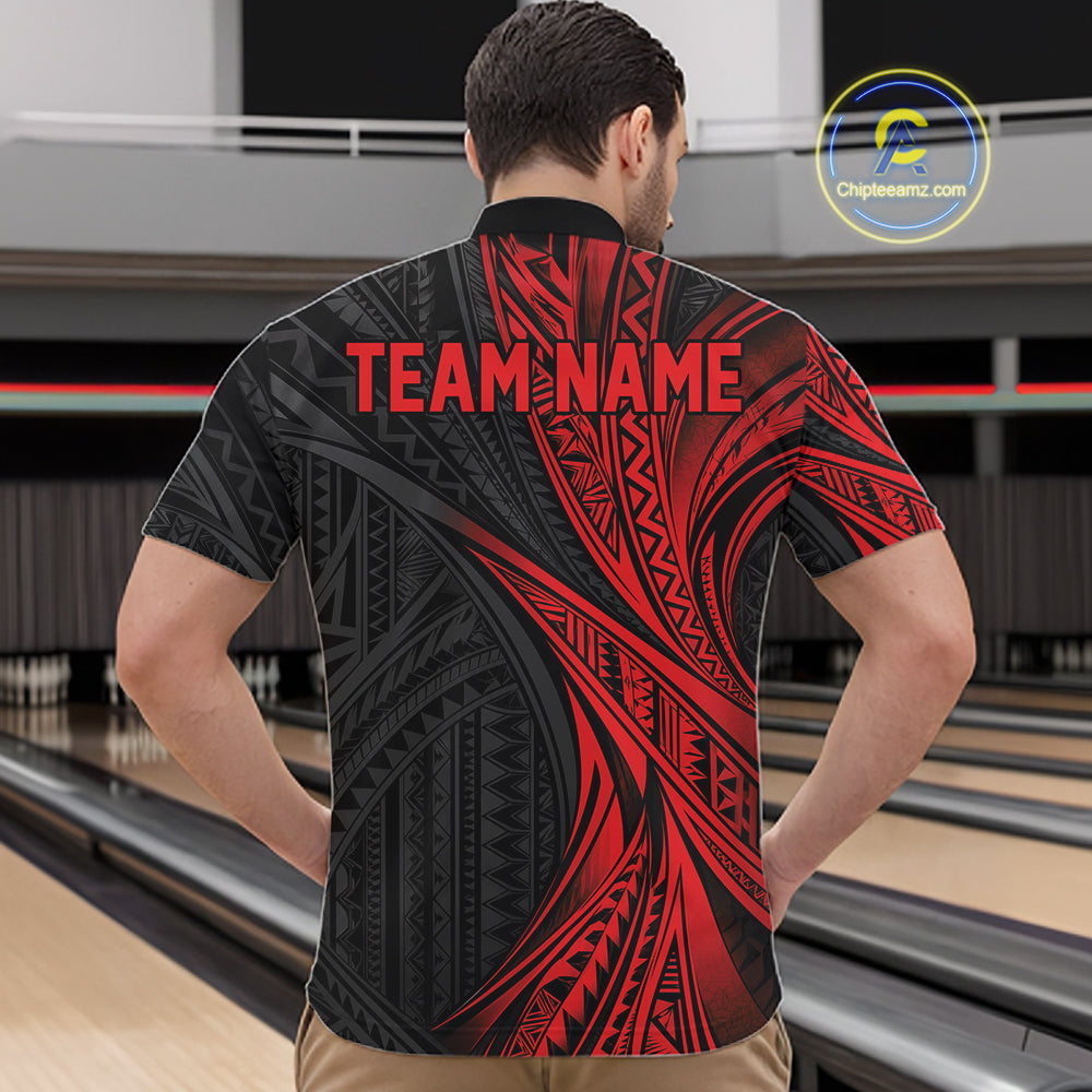 Custom Black And Red Tribal Pattern Bowling Team Men Quarter Zip Shirt, Bowling League Shirt IPHW12475