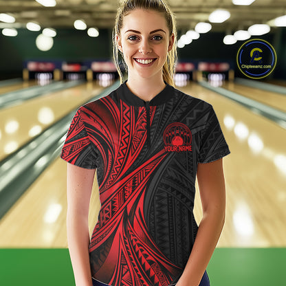 Custom Black And Red Tribal Bowling Team Women Quarter-Zip Shirt, Bowling League Shirt IPHW12475