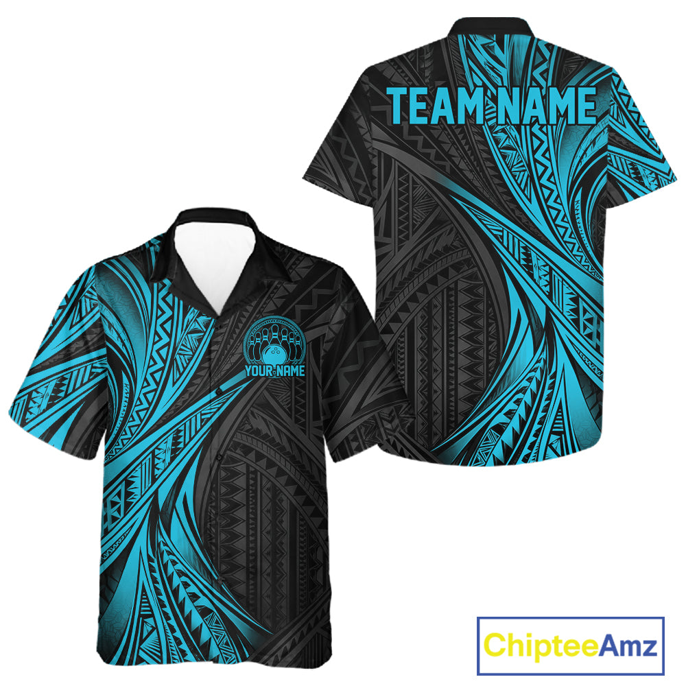 Custom Black And Turquoise Tribal Bowling Team Men And Women Button Up Shirt, Bowling League Shirt IPHW12476
