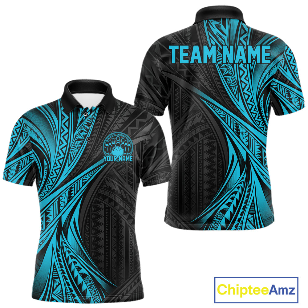 Custom Black And Turquoise Tribal Bowling Team Men Polo Shirt, Bowling League Shirt IPHW12476