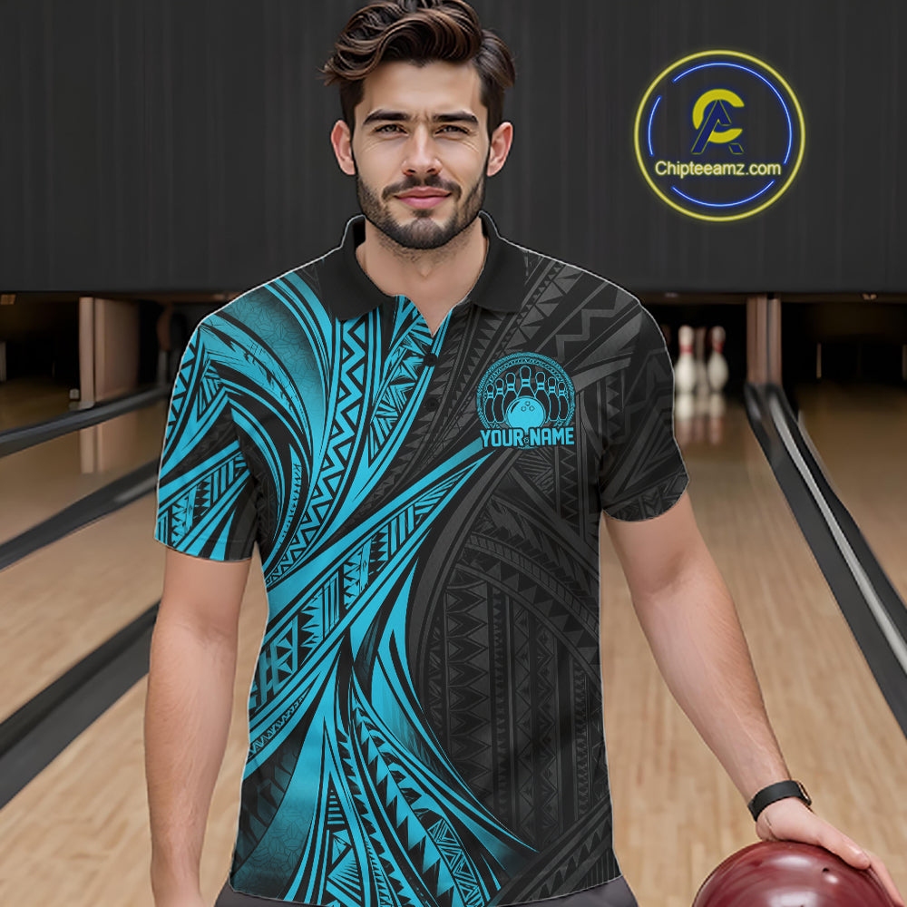 Custom Black And Turquoise Tribal Bowling Team Men Polo Shirt, Bowling League Shirt IPHW12476