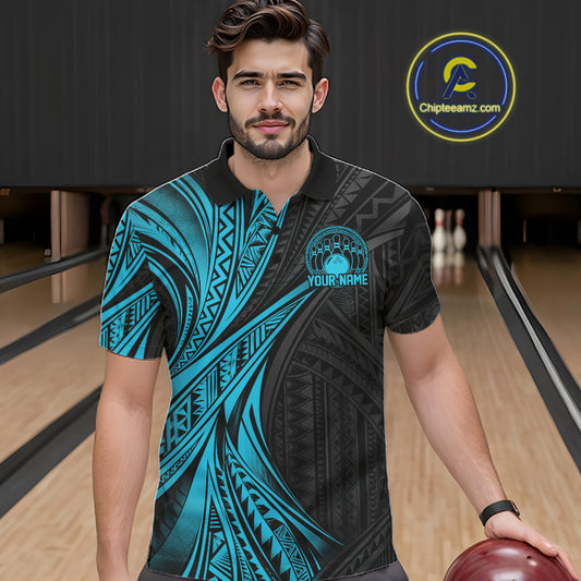 Custom Black And Turquoise Tribal Bowling Team Men Polo Shirt, Bowling League Shirt IPHW12476