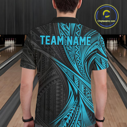 Custom Black And Turquoise Tribal Bowling Team Men Polo Shirt, Bowling League Shirt IPHW12476