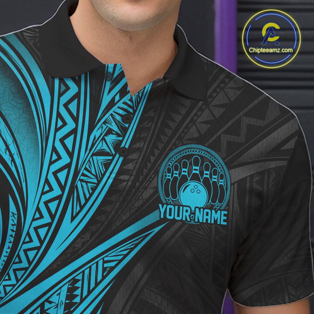 Custom Black And Turquoise Tribal Bowling Team Men Polo Shirt, Bowling League Shirt IPHW12476
