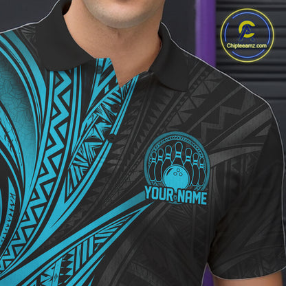 Custom Black And Turquoise Tribal Bowling Team Men Polo Shirt, Bowling League Shirt IPHW12476
