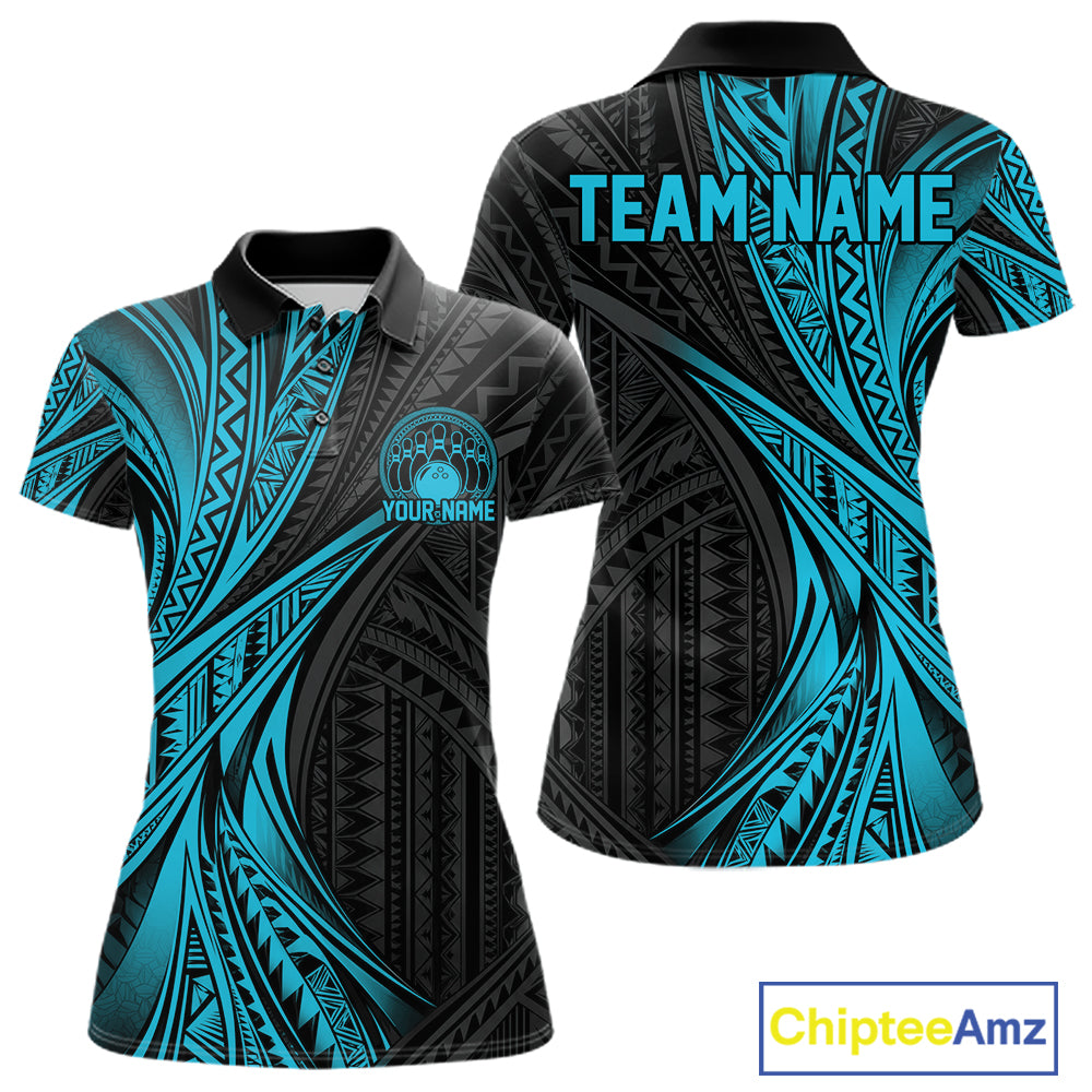 Custom Black And Turquoise Tribal Bowling Team Women Polo Shirt, Bowling League Shirt IPHW12476