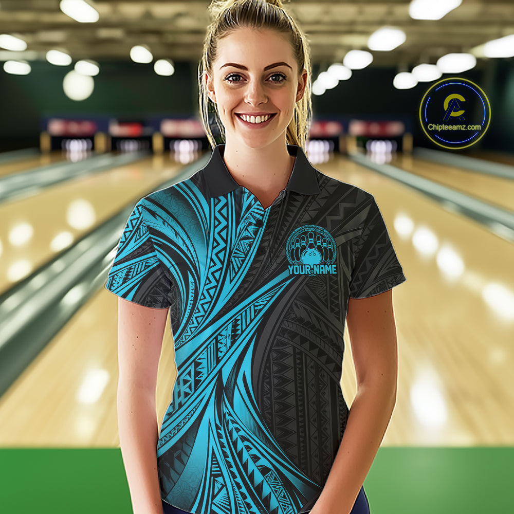 Custom Black And Turquoise Tribal Bowling Team Women Polo Shirt, Bowling League Shirt IPHW12476