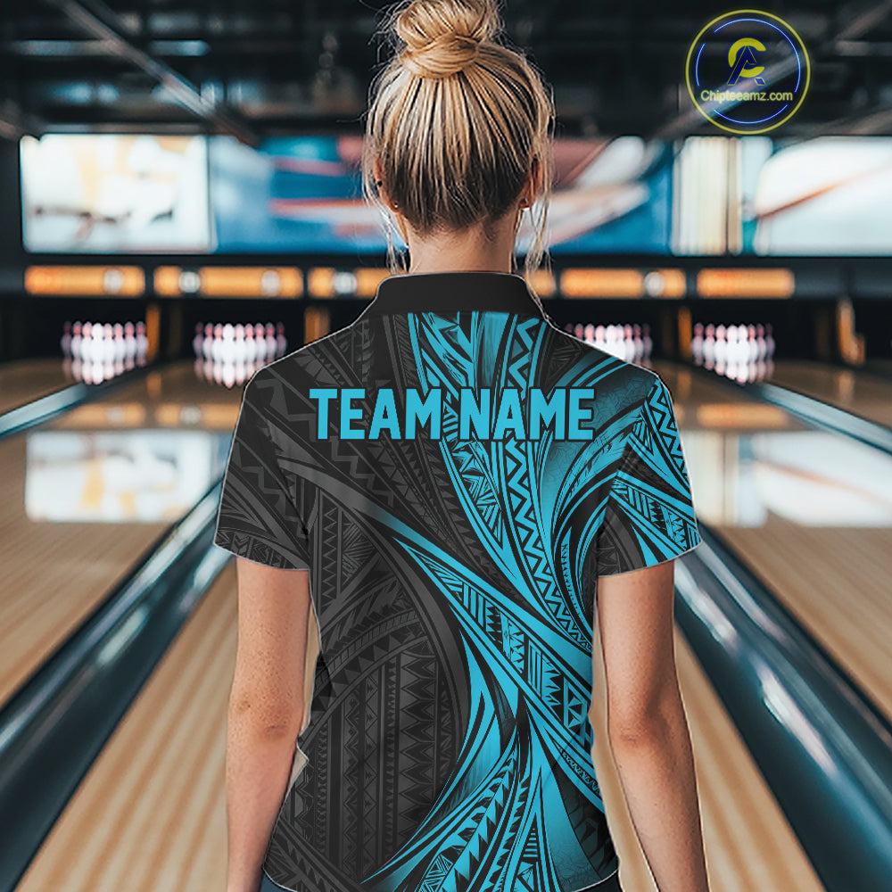 Custom Black And Turquoise Tribal Bowling Team Women Polo Shirt, Bowling League Shirt IPHW12476