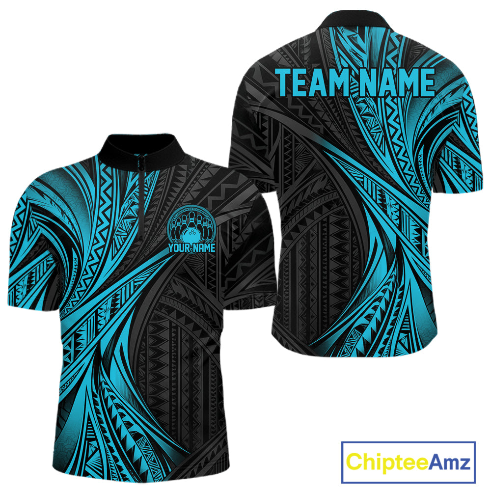 Custom Black And Turquoise Tribal Bowling Team Men Quarter Zip Shirt, Bowling League Shirt IPHW12476