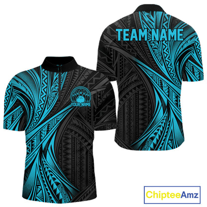 Custom Black And Turquoise Tribal Bowling Team Men Quarter Zip Shirt, Bowling League Shirt IPHW12476
