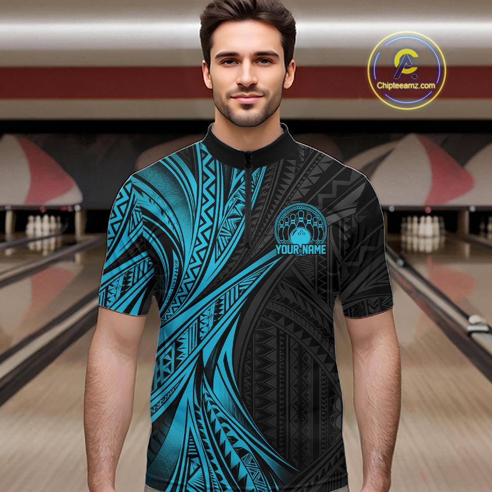 Custom Black And Turquoise Tribal Bowling Team Men Quarter Zip Shirt, Bowling League Shirt IPHW12476