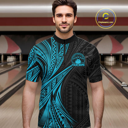 Custom Black And Turquoise Tribal Bowling Team Men Quarter Zip Shirt, Bowling League Shirt IPHW12476