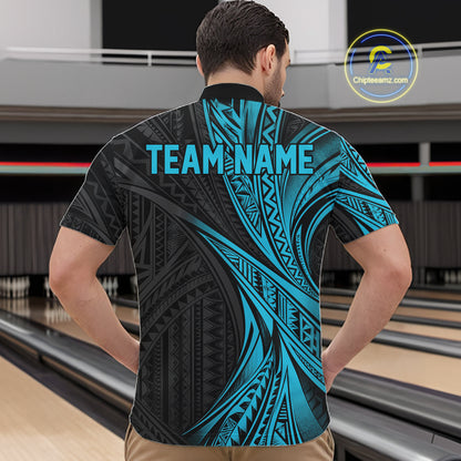 Custom Black And Turquoise Tribal Bowling Team Men Quarter Zip Shirt, Bowling League Shirt IPHW12476